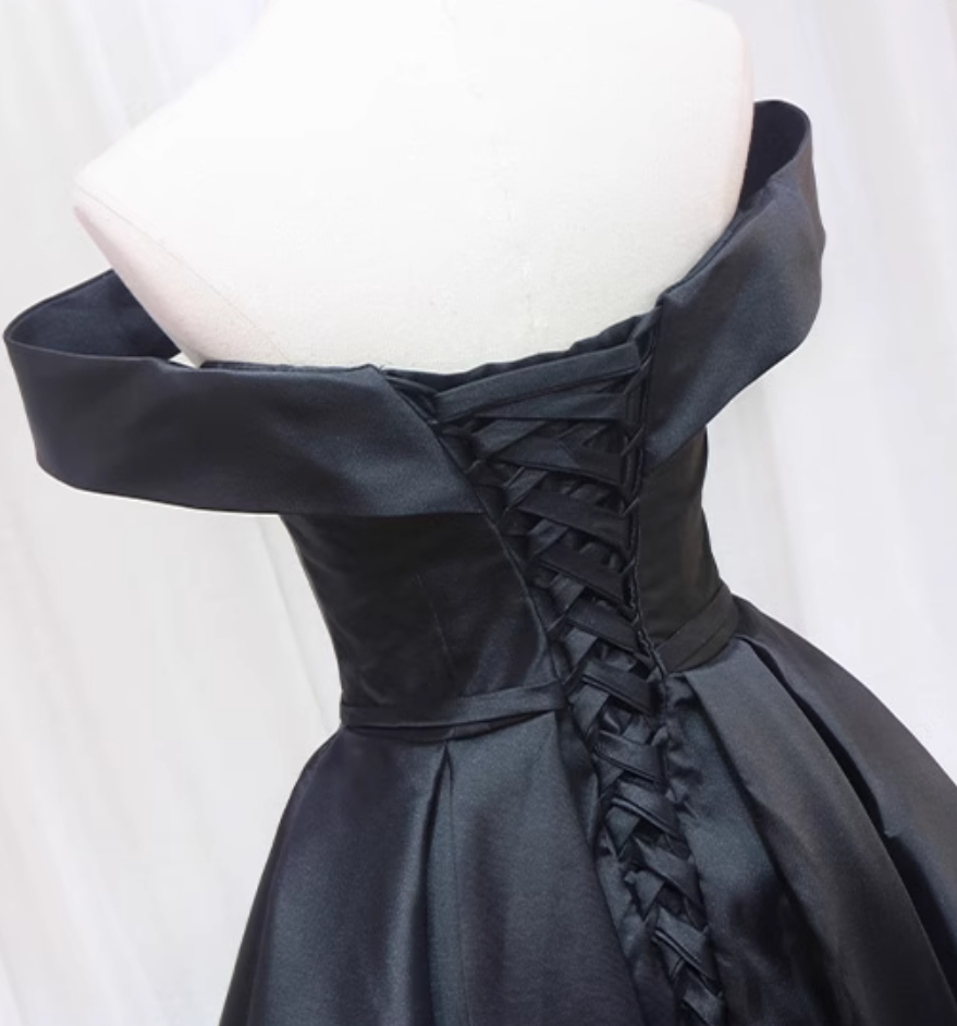 Everyday Wear Off-Shoulder A-Line Birthday Dresses Bow Black Satin Homecoming Dress AP4564