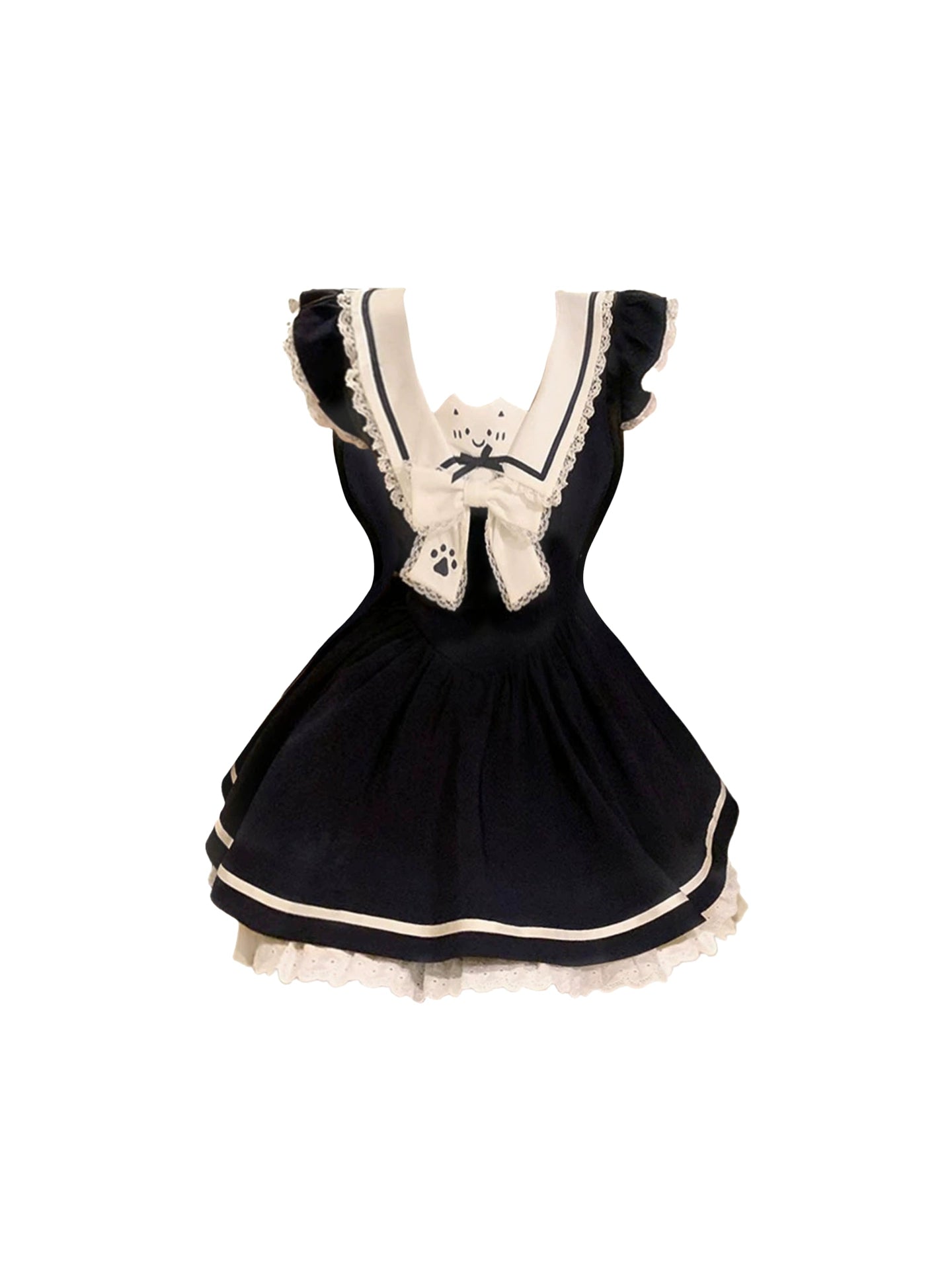 Lovely Square Neck Lace-Trimmed Ruffled Mini Skirt Charming Paw Print Detail Bow Accent A-Line Short Dress AP4566