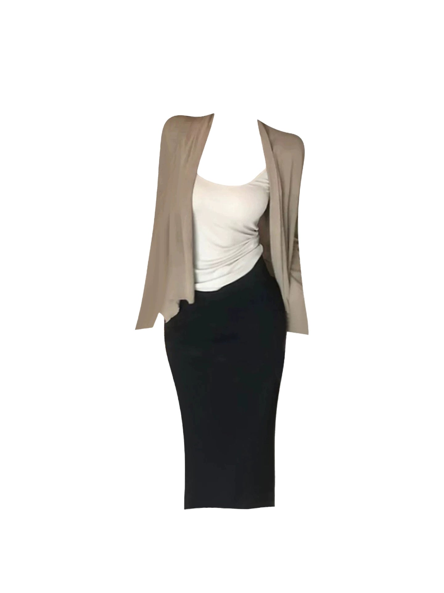 Amazing Long Sleeve Open Cardigan Spaghetti Strap Top Black Midi Skirt Simple 3-Piece Set Sheath Short Dress AP4574
