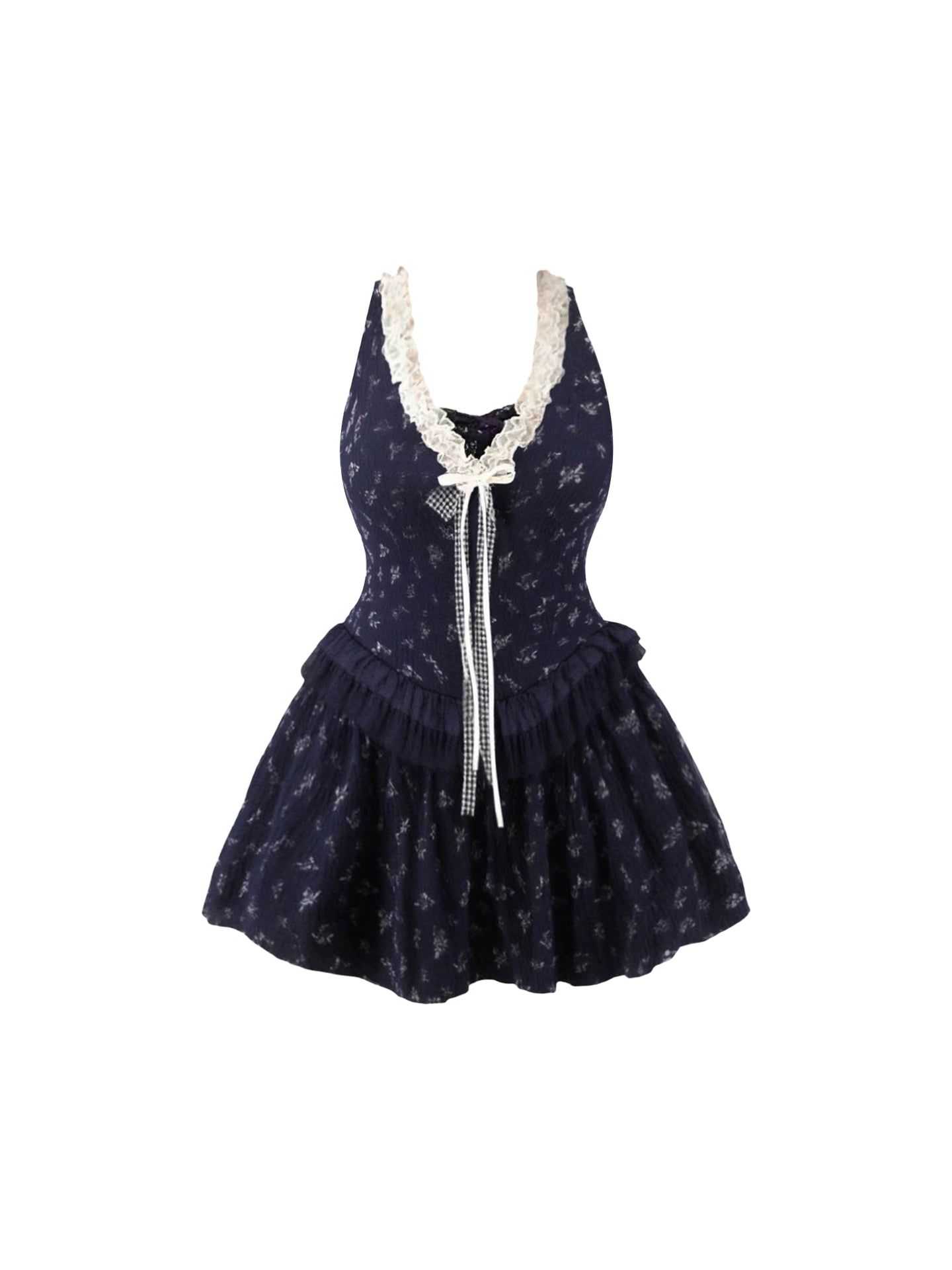 Splendid A-Line Floral Print Sleeveless Lace Trim Mini Skirt Vogue Bow Tie Ruffled Hem Halter Short Dress AP4577