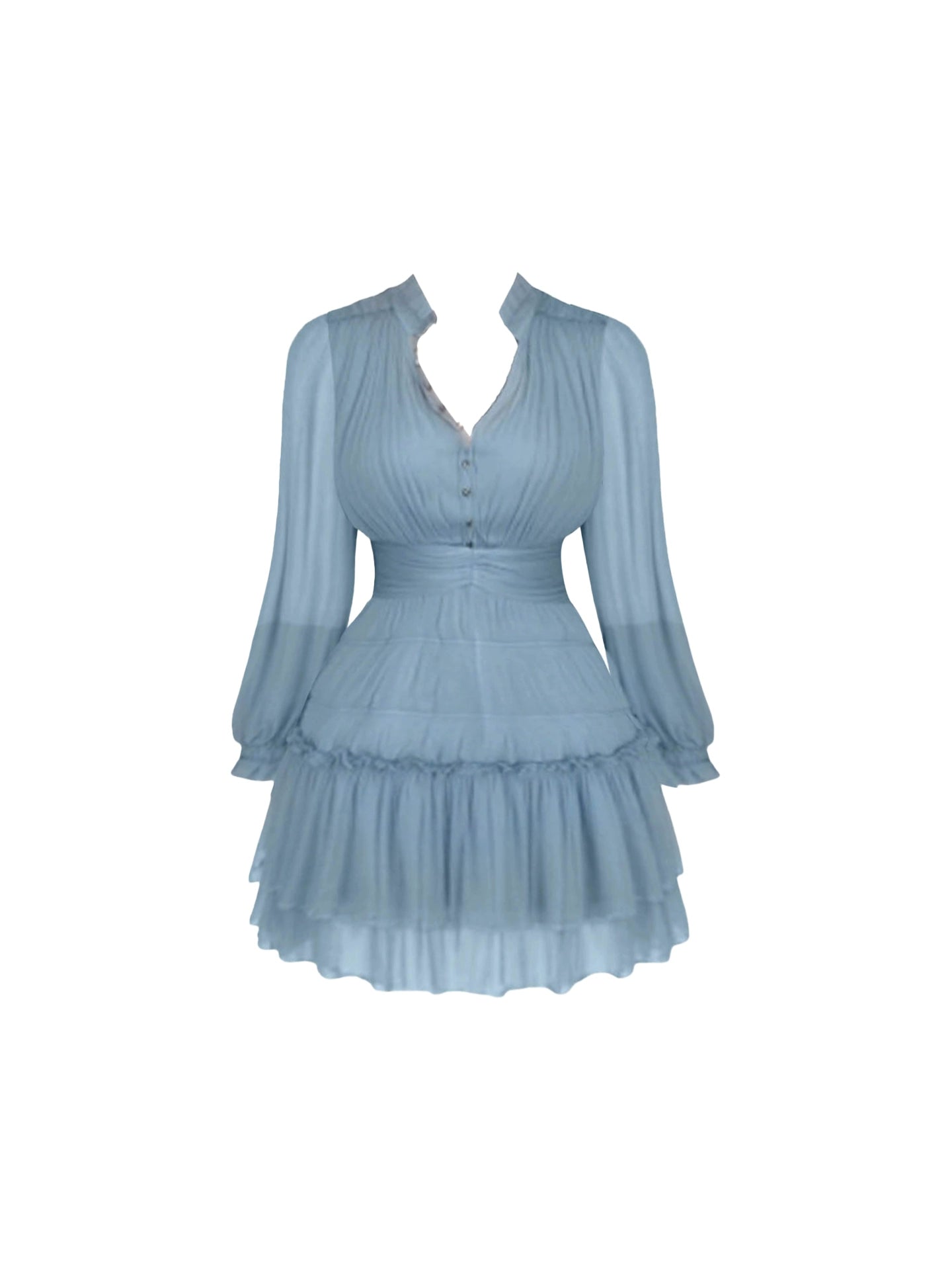 Enticing A-Line Sheer Tiered Ruffled Hem Mini Skirt Casual Stand Collar V-Cut Lantern Long Sleeve Short Dress AP4578