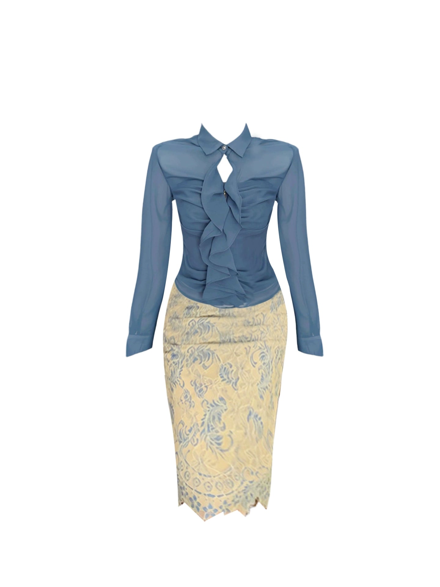 Fabulous Long Sleeve Blue Sheer Blouse Beige Blue-Print Lace Midi Skirt Casual 2-Piece Set Sheath Ruffles Trim Cutout Lapel Collar Short Dress AP4584