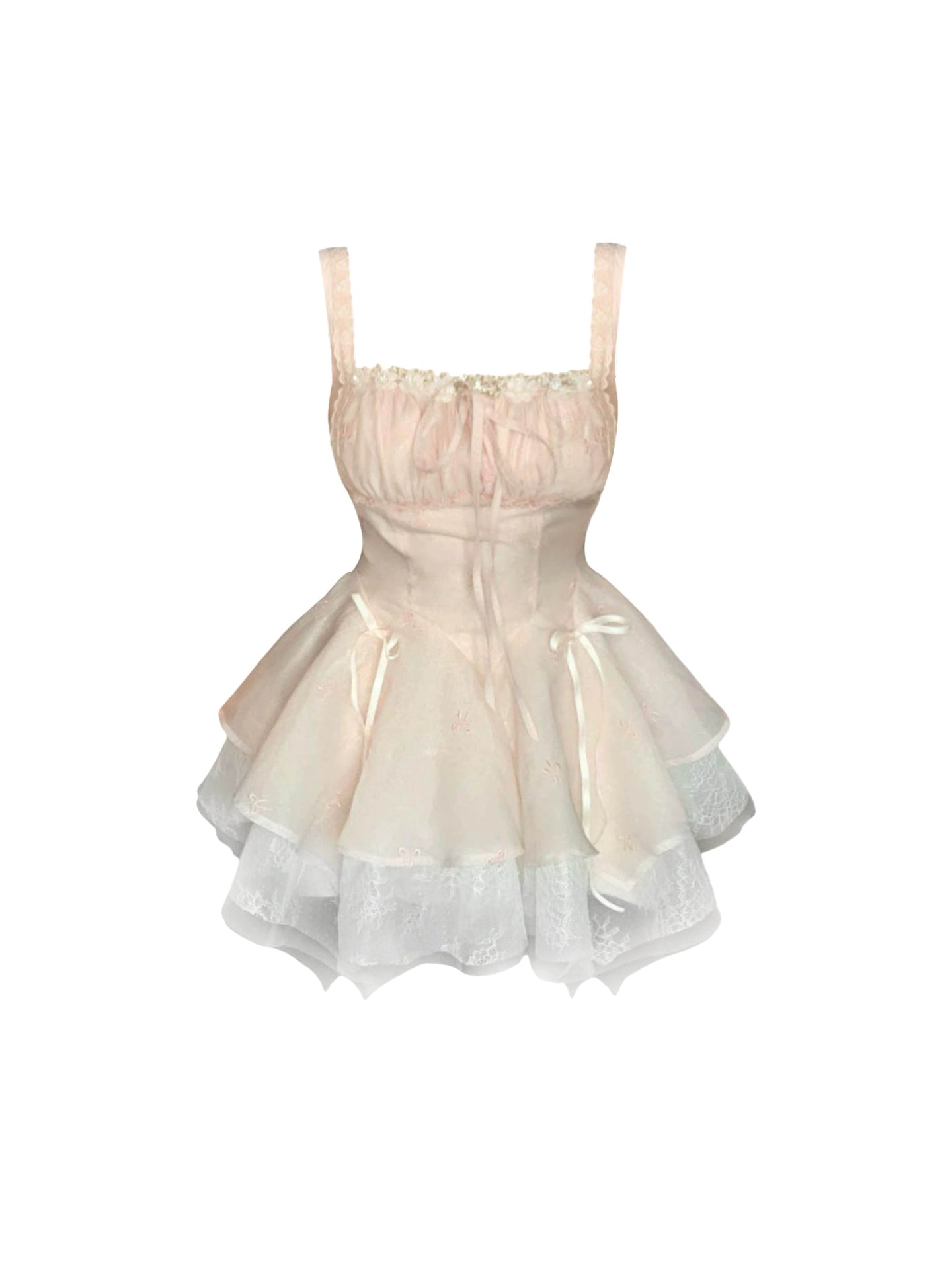 Luxury Tiered Tulle Spaghetti Strap Mini Skirt Sweet A-Line Lace Trim Bow Accents Short Dress AP4587