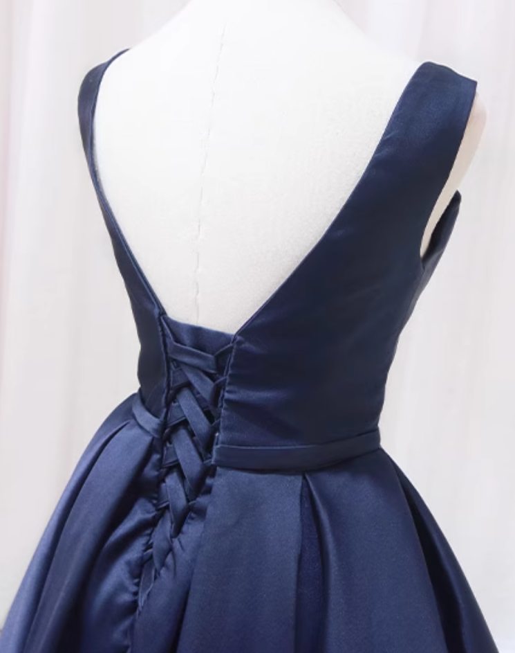Cute Illusion Neck Navy Blue A-Line Birthday Dresses Sequins Bow Pleated Homecoming Dress AP4593