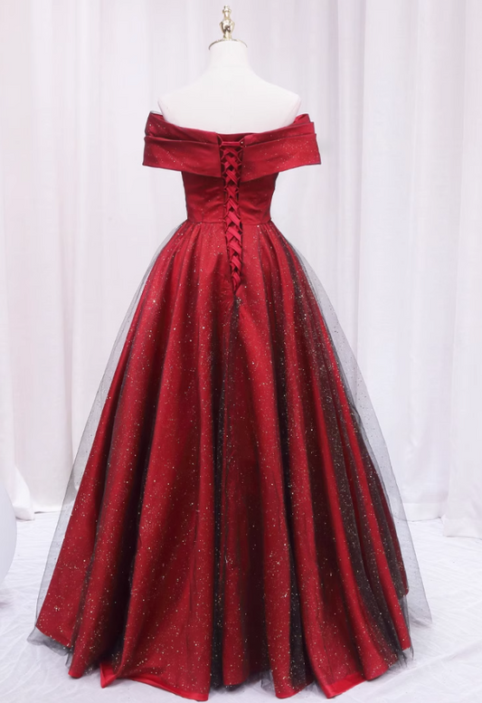 Stunning A-Line Off-Shoulder Sweet 16th Evening Gowns Glittering Sequins Tulle Red Pleated Prom Dress AP4605