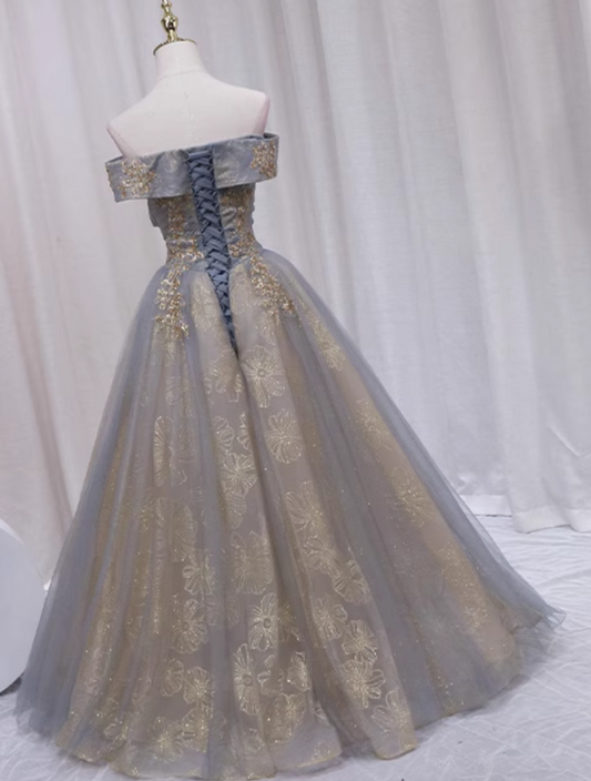 Fashionable A-Line Off-Shoulder Sweet 16th Evening Gowns Floral Sequins Tulle Prom Dress AP4609