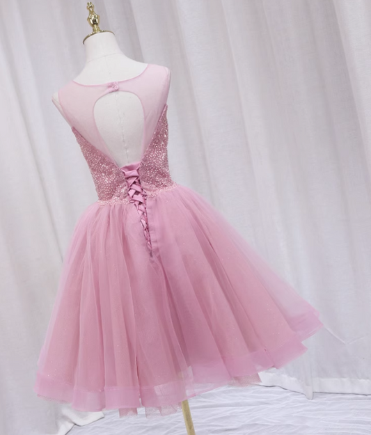 French Style Jewel Neck Sequins Tulle Birthday Dresses Beading A-Line Backless Homecoming Dress AP4610