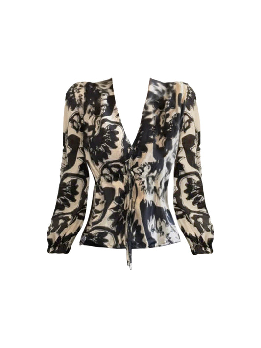 Trendy Deep V Neck Two-Piece Black Skinny Mini Skirt Boho-Style Black & Beige Floral Print Long Sleeve Top Sheath Short Dress AP4622