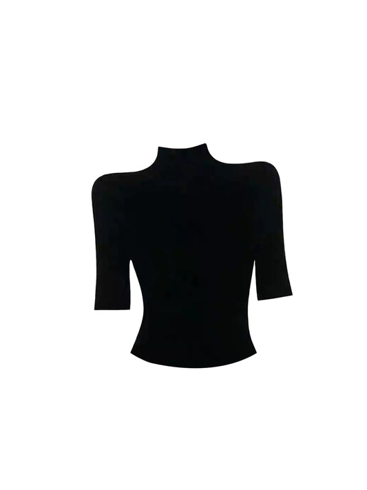 Vogue Mock Neck Two-Piece Black Mini Skirt Casual Cold-Shoulder 3/4 Sleeve Top Leather Sheath Short Dress AP4625