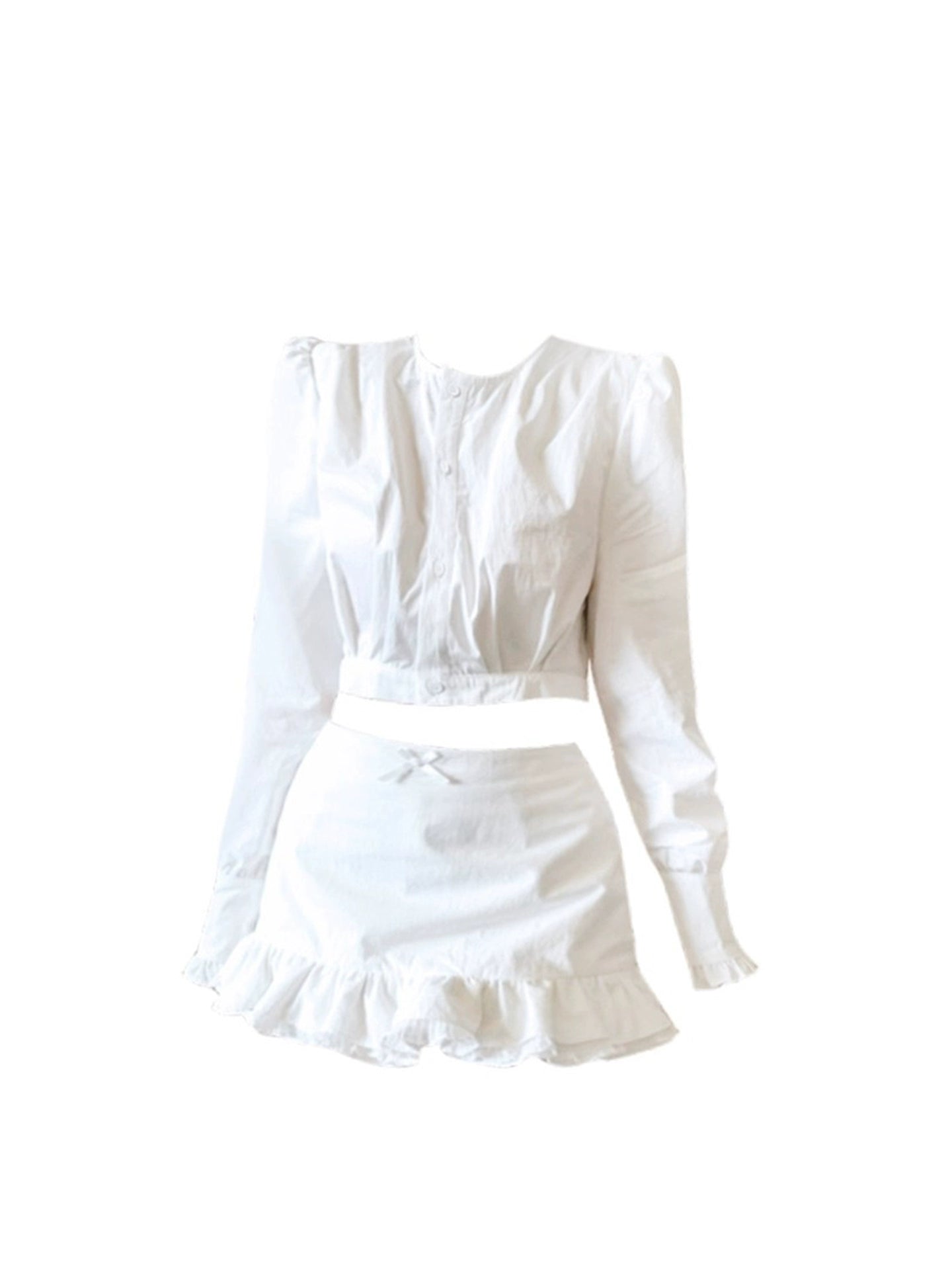 Modern Long Sleeve Jewel Neck Two-Piece White Mini Skirt Chic Bow-Accent Sheath Ruffled Hem Short Dress AP4626