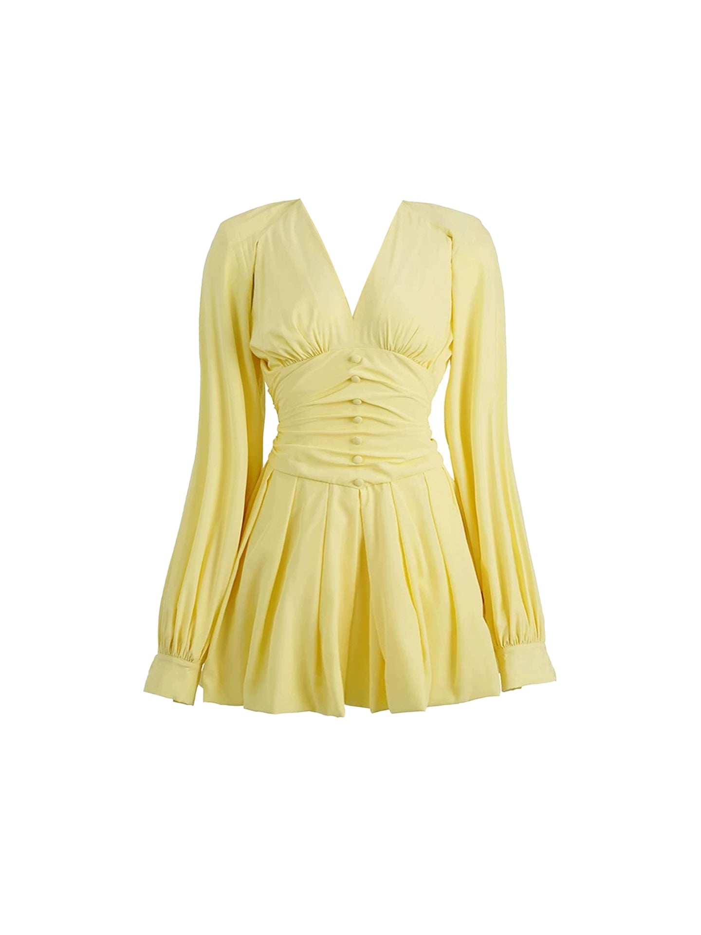 Casual Pale Yellow Deep V-Neck A-Line Mini Skirt Vibrant Long Sleeve Ruched-Waist Short Dress AP4633