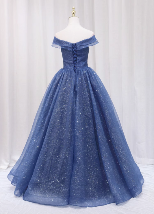 Beautiful A-Line Off-Shoulder Evening Gowns Sequins Blue Tulle Prom Dress AP4641