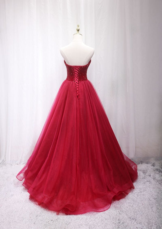 Eye-Catching A-Line Strapless Sweet 16th Dresses Sequins Red Tulle Prom Dress AP4652