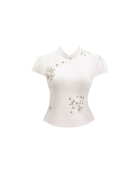 Fabulous Short Sleeve 2-Piece Set Sheath Maxi Skirt Floral Print Mandarin Collar White Long Dress AP4656