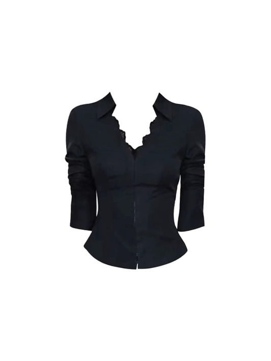 Cute Ruffles Lace Trim Two-Piece Work Days Sheath Mini Skirt Long Sleeve Black V-Neck Short Dress AP4664