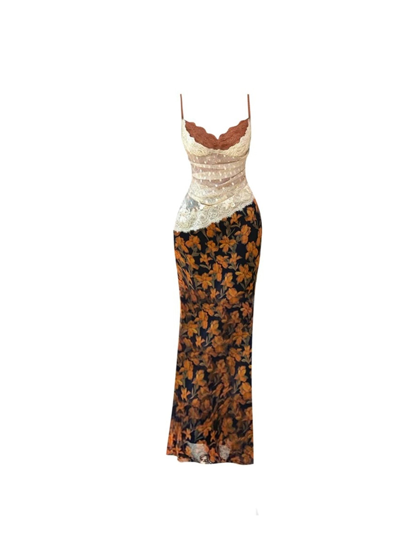 Glam Fitted High-Waist Sheath Black & Orange Floral Print Maxi Dress Vibrant Lace-Trimmed Spaghetti Straps Long Dress AP4671