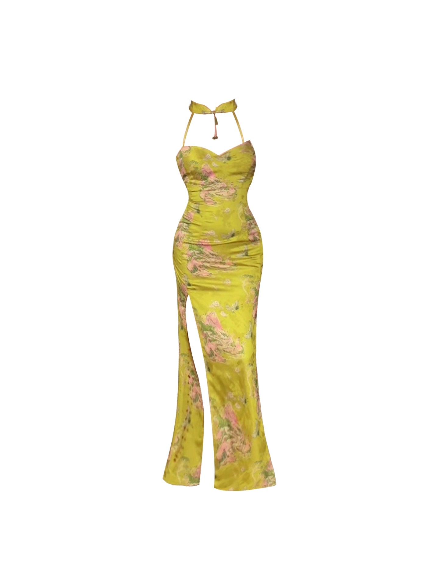 Sheen Bust Fitted High-Slit Halter Neck Sheath Maxi Dress Charming Bright Yellow Cutout Floral Print Long Dress AP4680