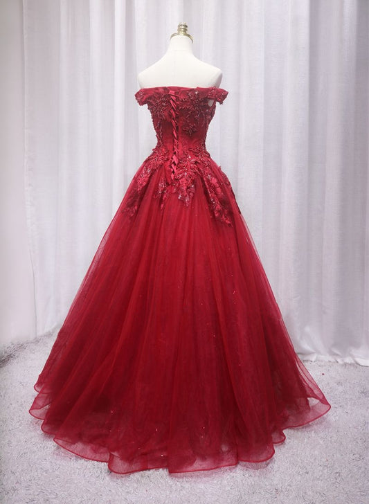 Simple Off-Shoulder A-Line Red Tulle Sweet 16th Evening Gowns Beading Sequins Appliques Prom Dress AP4683