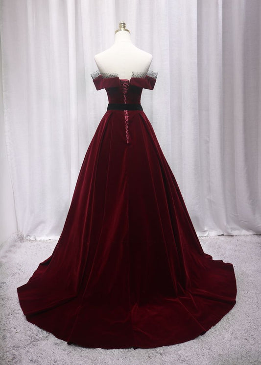 Minimalism Off-Shoulder A-Line Red Velvet Sweet 16th Evening Gowns Mesh Trim Lace-Up Prom Dress AP4684