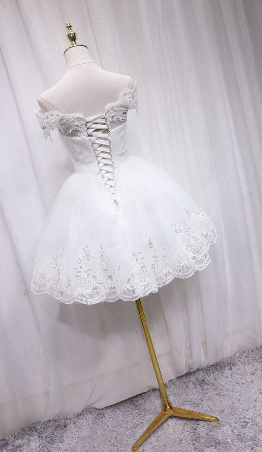 Playful Off-Shoulder A-Line White Tulle Birthday Dresses Lace Beading Sequins Rhinestones Homecoming Dress AP4688