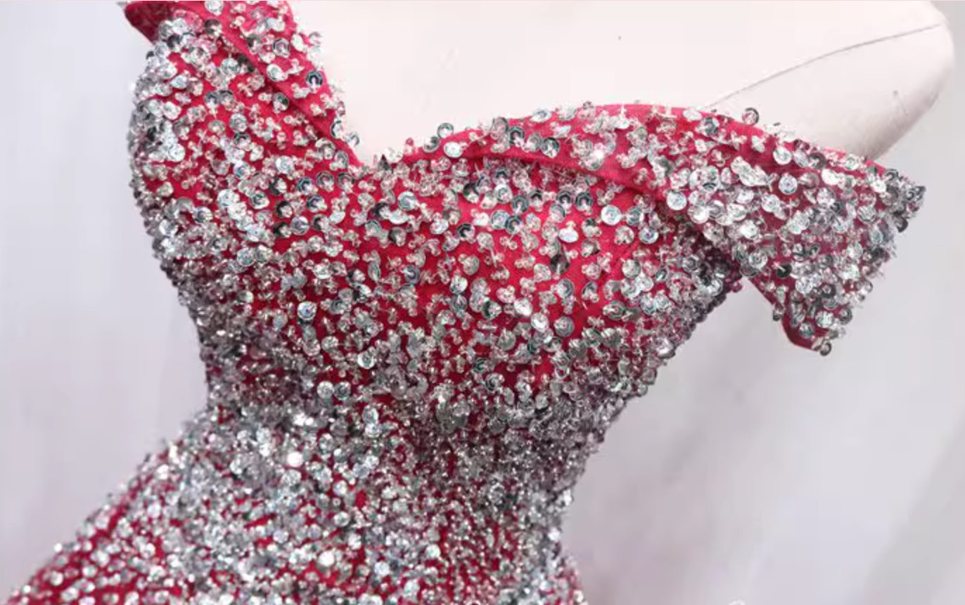 Flattering Off-Shoulder A-Line Sweet 16th Gowns Sequins Red Tulle Beading Prom Dress AP4691