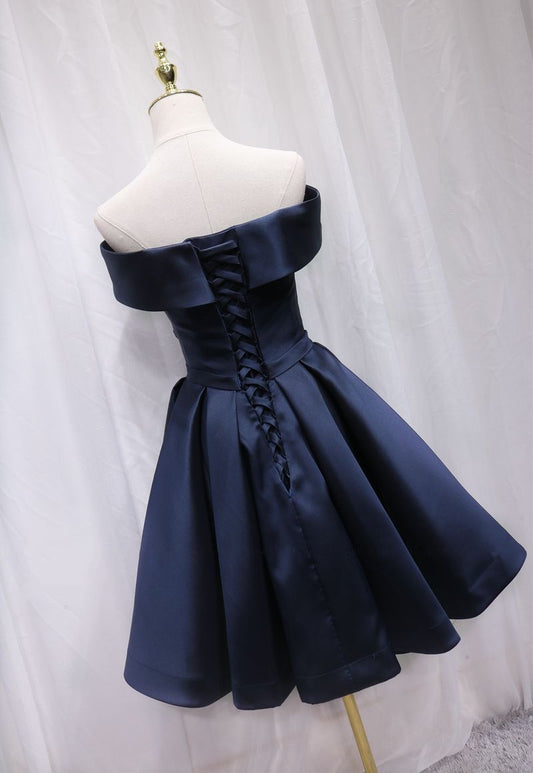 Sexy Off-Shoulder A-Line Birthday Dresses Pleated Navy Blue Satin Homecoming Dress AP4694