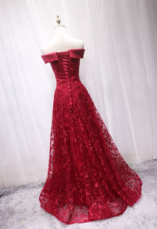 Pretty Off-Shoulder A-Line Sweet 16th Gowns Sequins Red Tulle Beaded Prom Dress AP4697