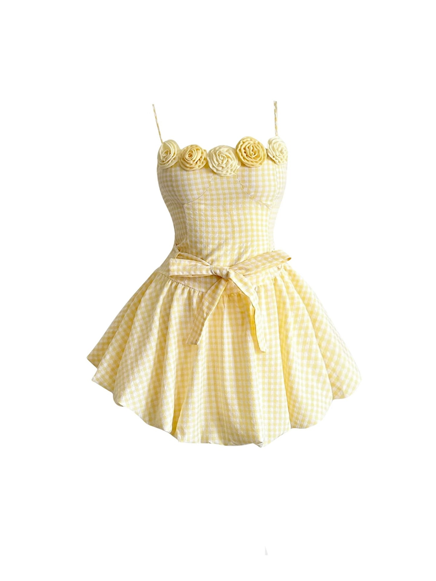 Fairy 3D Rose Bust Details Waist Tie Bow A-Line Mini Skirt Charming Yellow Gingham Spaghetti Strap Short Dress AP4709