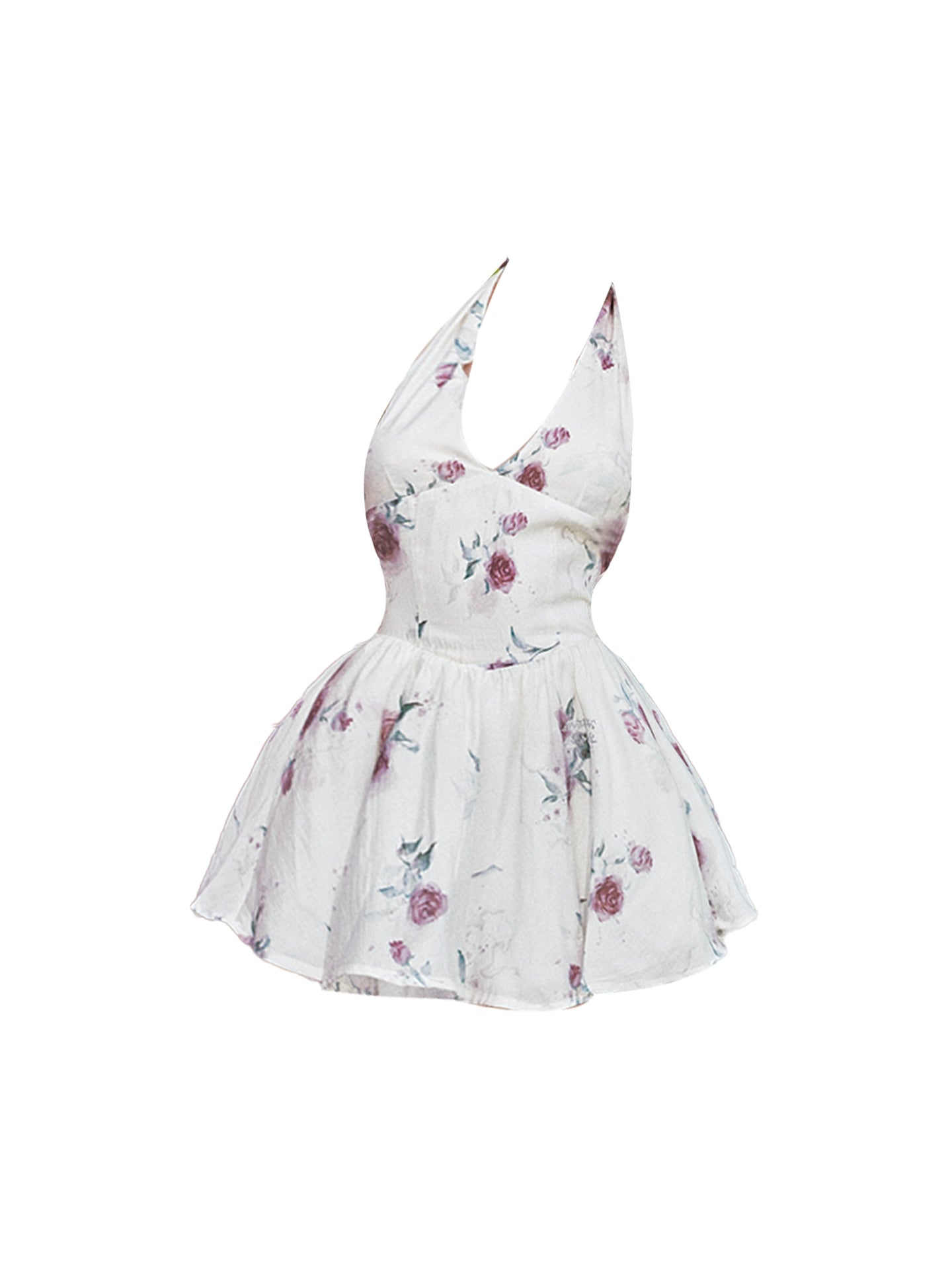 Superb Rose Floral Print Halter Neck Mini Skirt Charming Fitted Waist A-Line Short Dress AP4715