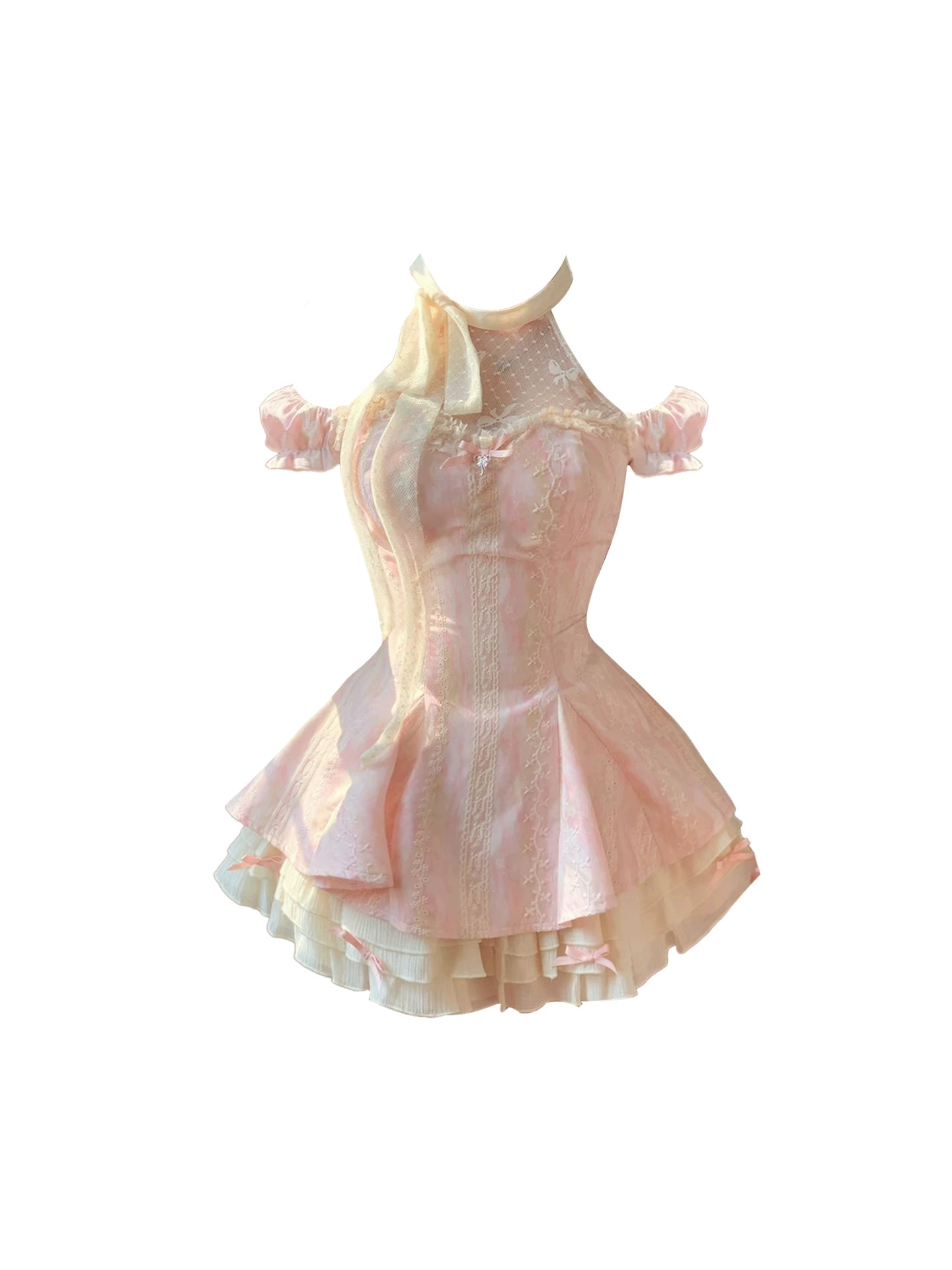 Amazing Cold-Shoulder Lace Trim Halter Neck Mini Skirt Cute Bow Accent Ruffled A-Line Short Dress AP4717