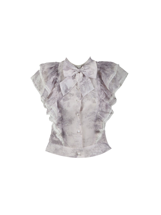 Fascinating 2-Piece Set Soft Gray Floral Blouse Taupe Mini Skirt Romantic Lace Ruffles Trim Sheath Short Dress AP4719