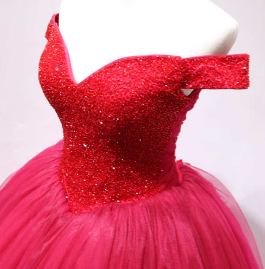 Enticing Off-Shoulder A-Line Lace-Up Sweet 16th Evening Gowns Sequins Red Tulle Prom Dress AP4721