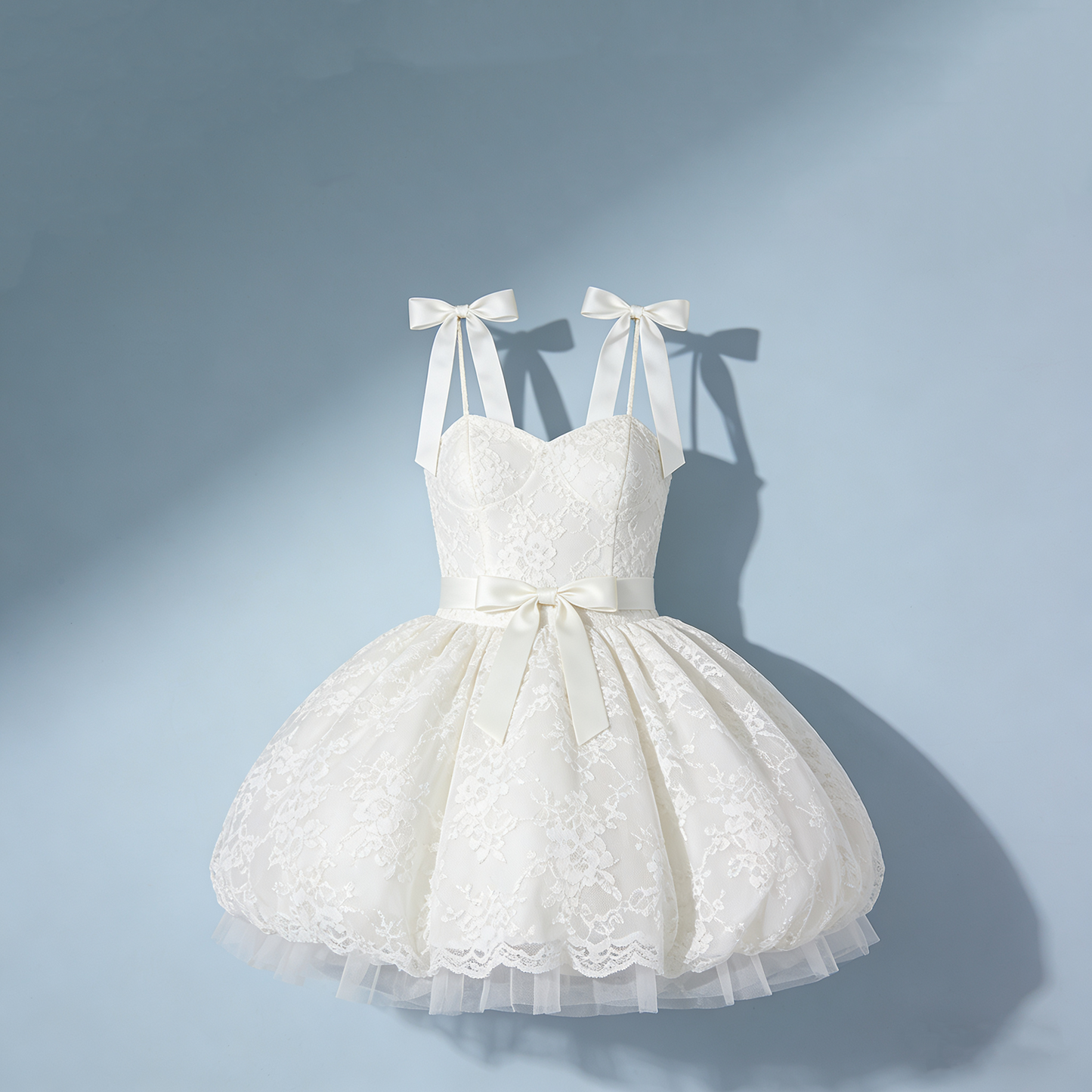 Ethereal Spaghetti Strap A-Line Birthday Gowns Lace Bows White Homecoming Dress AP4740