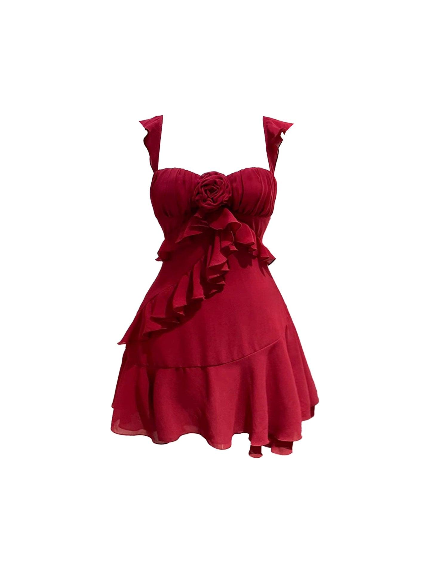 Alluring Burgundy Sleeveless Bustier Mini Skirt Chic 3D Rose Embellishment Ruffled Straps A-Line Short Dress AP4741