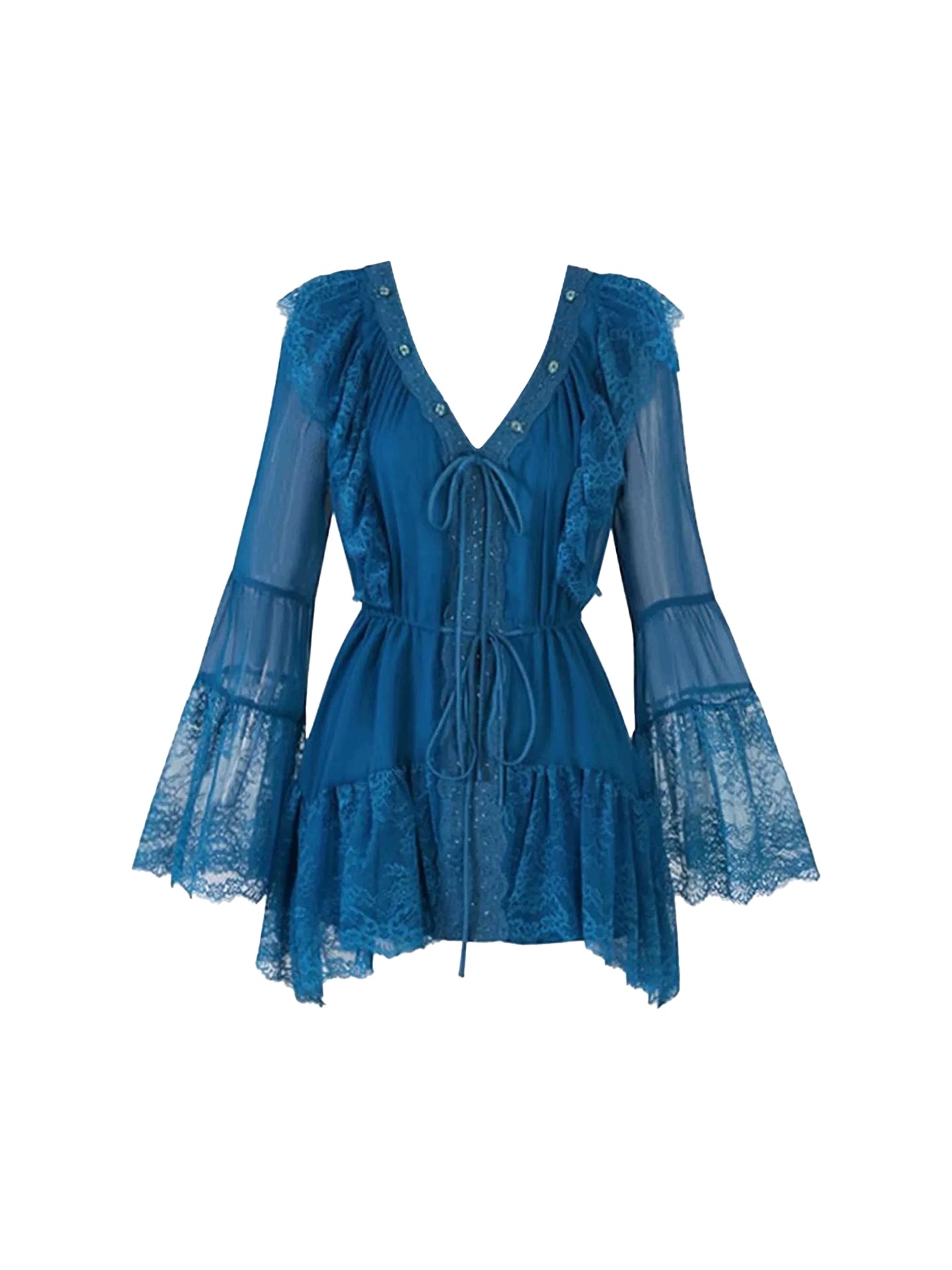 Dramatic V Neck Sky Blue A-Line Mini Skirt Lightweight Ruffled Trim Fitted Waist Long Sleeve Short Dress AP4745