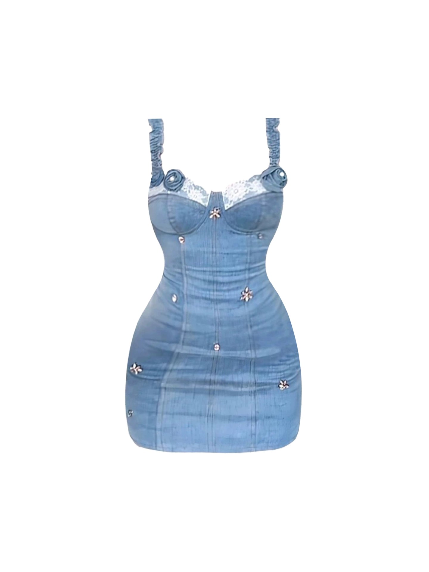 Stunning Bodycon Lace Panel Rose Accents Mini Skirt Y2K Style Light Blue Denim Spaghetti Strap Short Dress AP4746