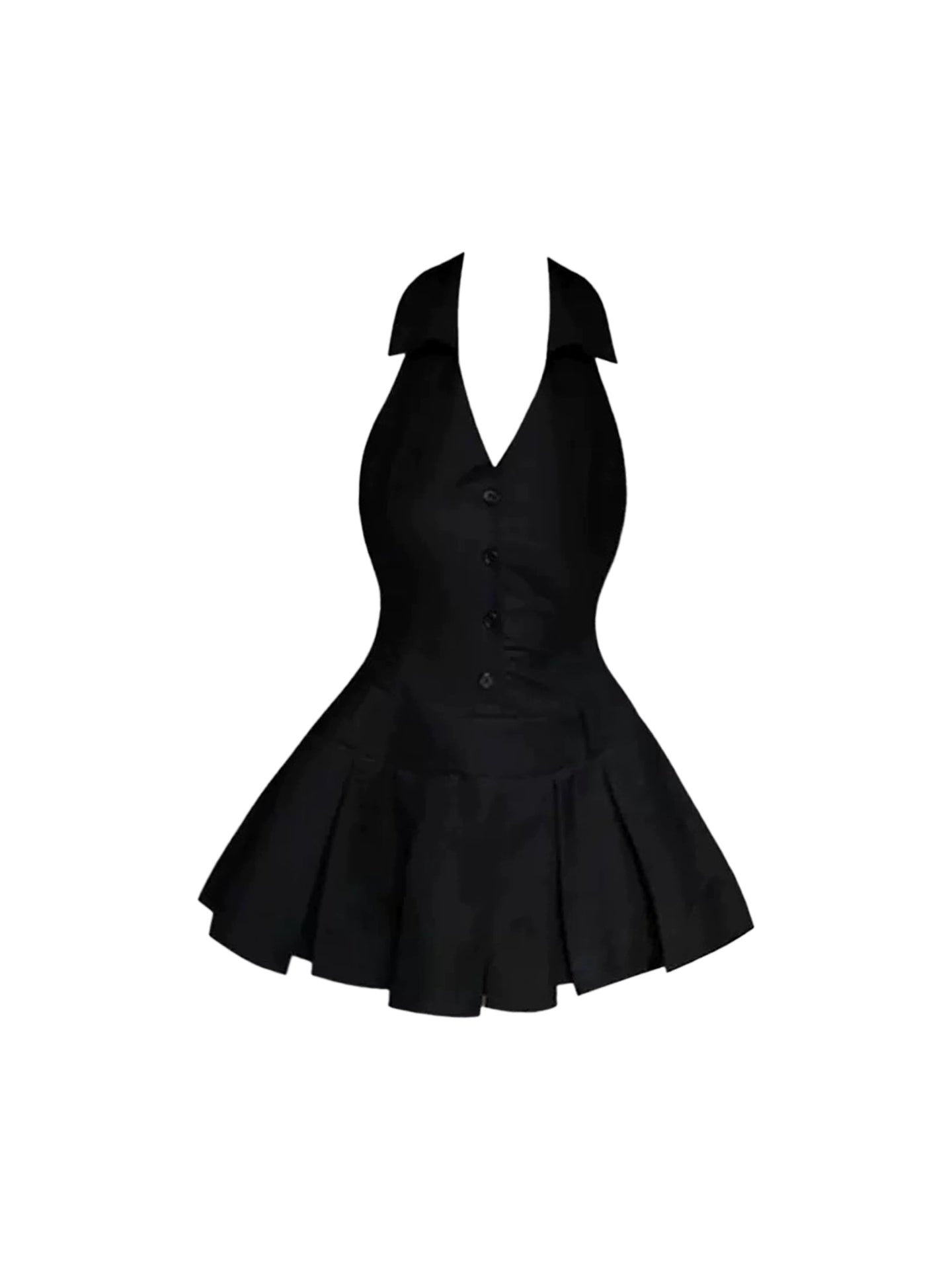 Simple Notched Lapel Halter Neck Black Pleated Mini Skirt Chic Button Front Fitted Waist A-Line Short Dress AP4753