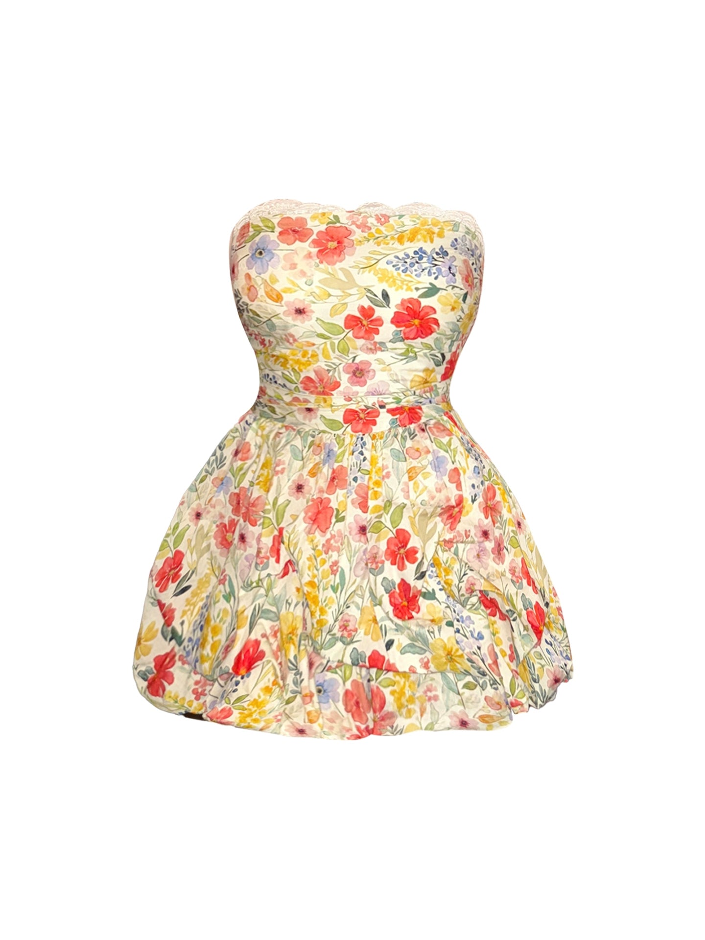 Adorable Strapless Multi-Color Floral Print Mini Skirt Vibrant Lace Trim Fitted Waist Flared A-Line Short Dress AP4758