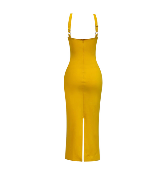 Attractive Ribbed Fabric Adjustable Straps Slit Halter Neck Maxi Dress Vibrant Yellow Sleek Sheath Long Dress AP4762