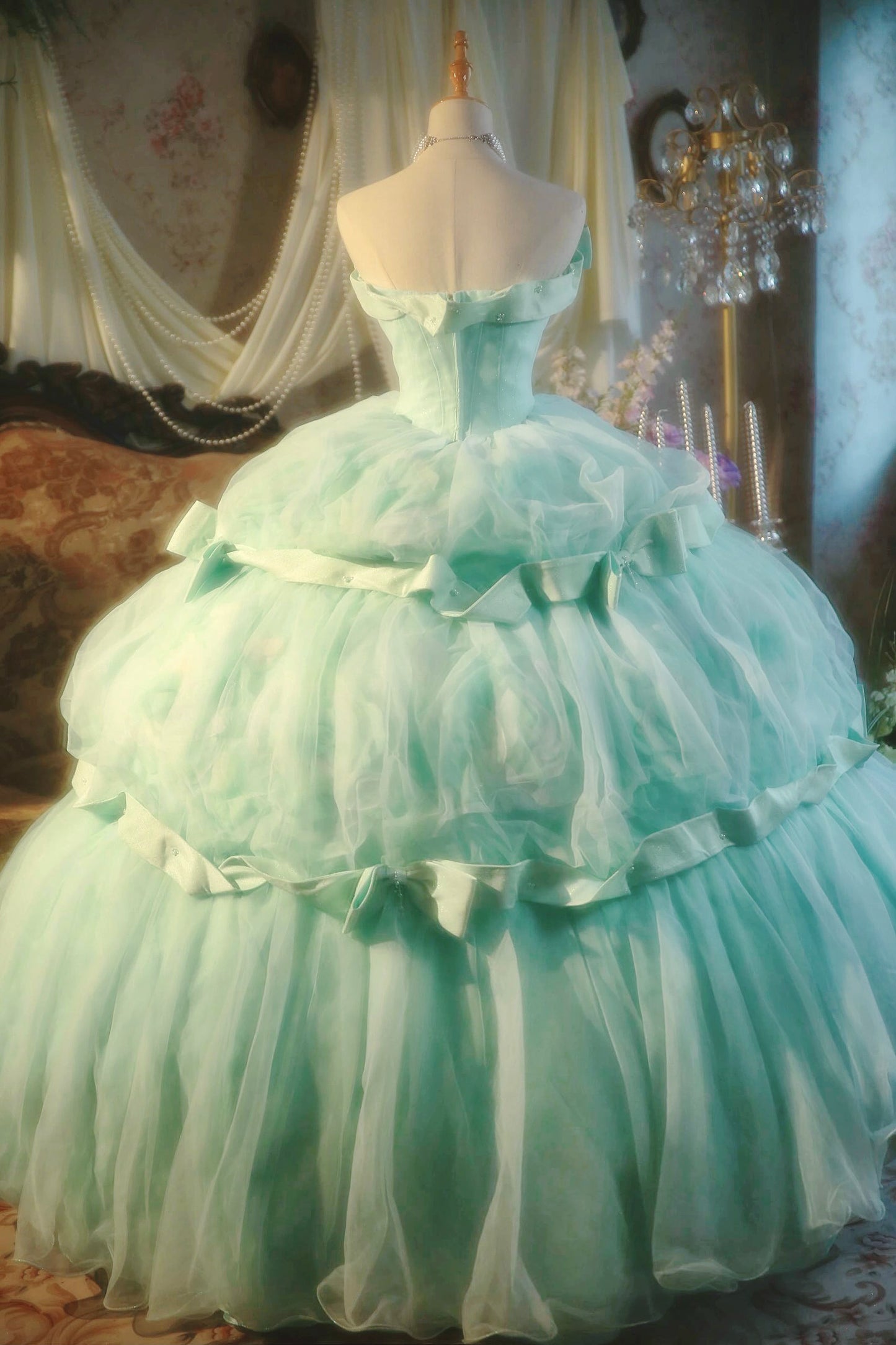 Fancy A-Line Strapless Tulle Sweet 16th Evening Dresses Bows Beads Prom Dress AP4768