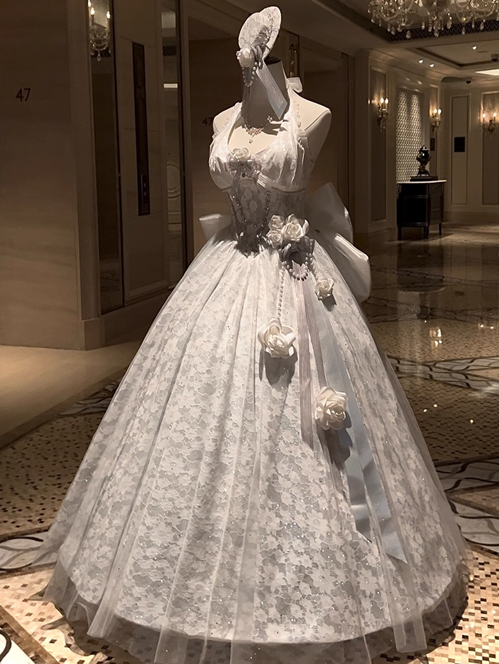 Maximalism Halter Neck A-Line Bow Sweet 16 Gowns Rhinestone Lace Handmade Flowers Sequins Prom Dress AP4771