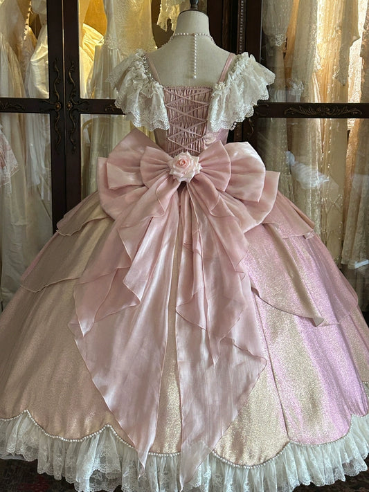 Y2K Style A-Line Square Neck Beading Sweet 16th Gowns Lace Crystal Bow Handmade Flower Prom Dress AP4774