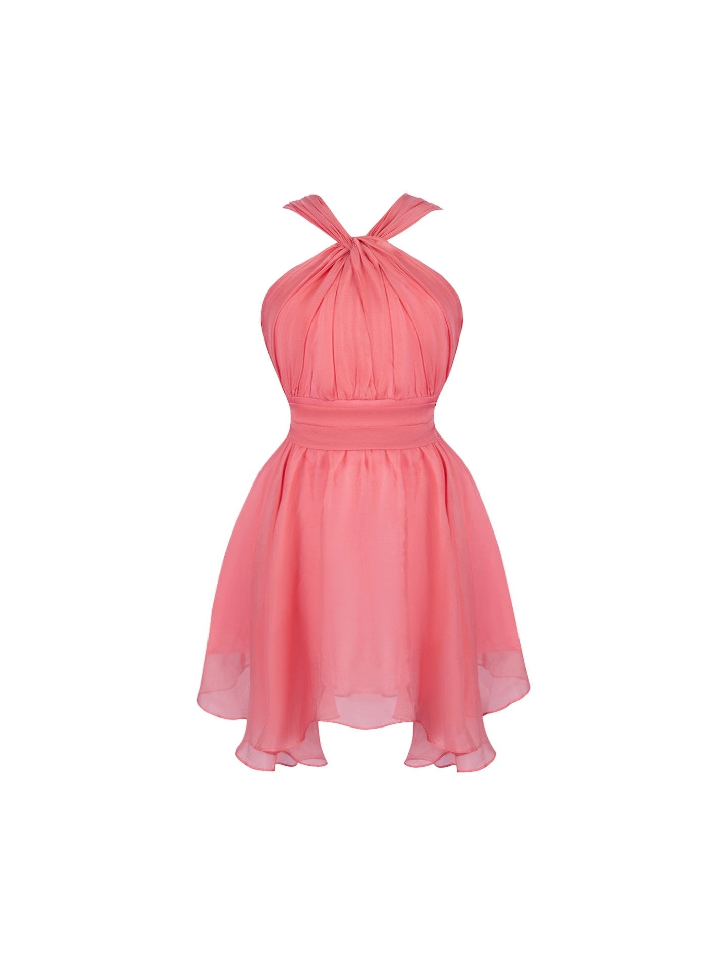 Boho-Inspired Ruched Bodice Fitted Waist Halter Neck Mini Skirt Simple Coral Pink Chiffon A-Line Short Dress AP4782