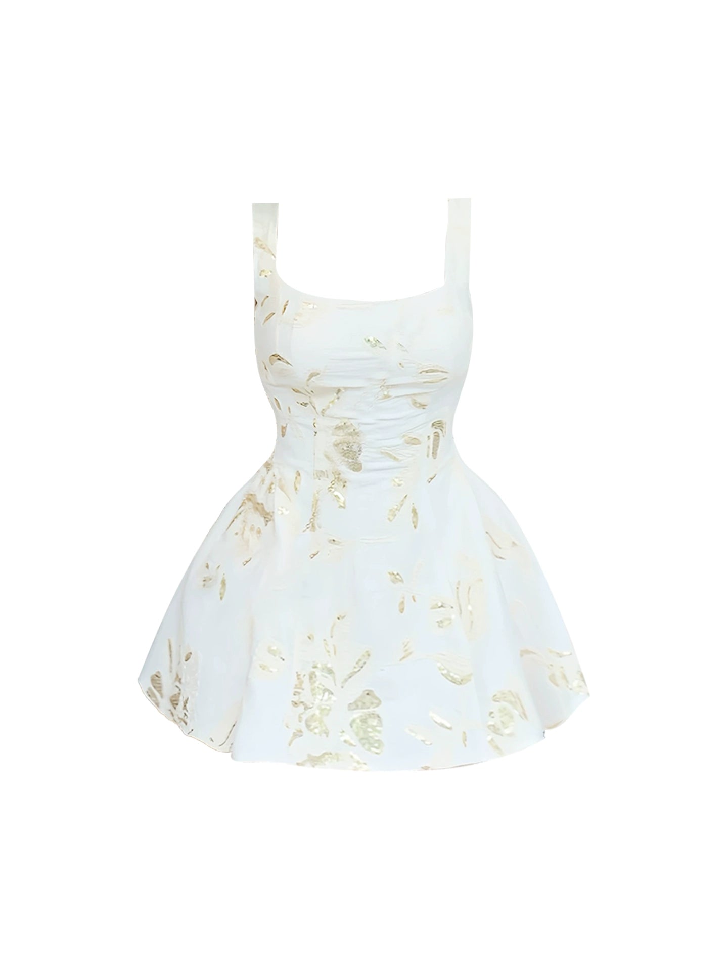 Wonderful Spaghetti Strap Gold Leaf Pattern Mini Skirt Elegant White Sleeveless A-Line Short Dress AP4786