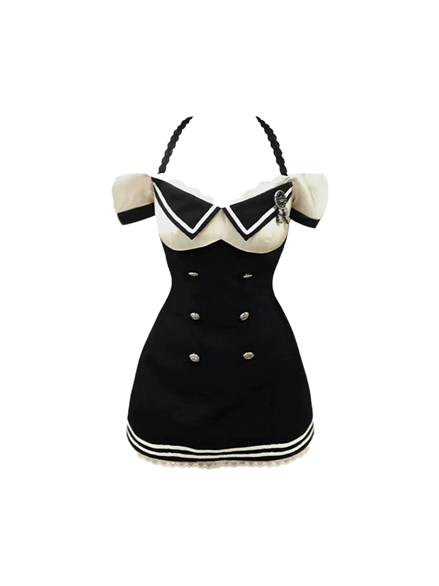 Appealing A-Line Double Buttons Pearl Hem Mini Skirt Chic Black & White Off-Shoulder Short Dress AP4788