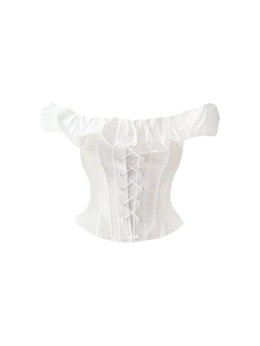 Avant-Garde White Off-Shoulder Ruffled Corset Top Pleated Mini Skirt Graceful Lace-Up A-Line Two-Piece Set Short Dress AP4792