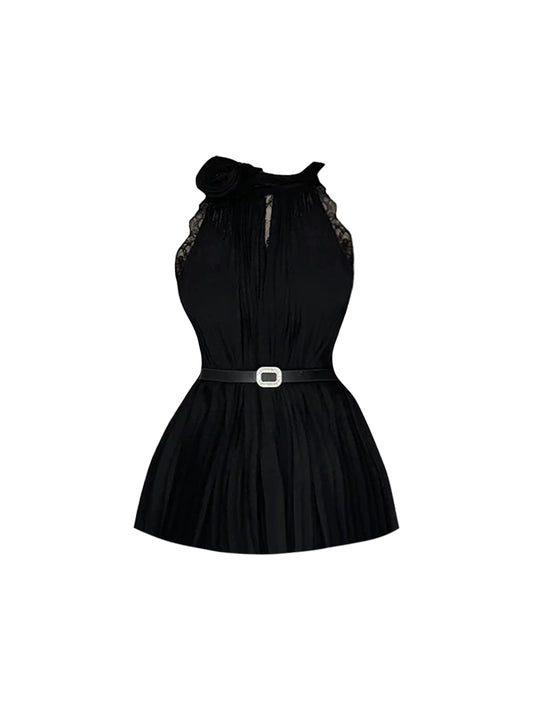 Sleek Halter Neck Two-Piece Black Pleated Mini Skirt Alluring Lace Trim Belted Waist A-Line Short Dress AP4795