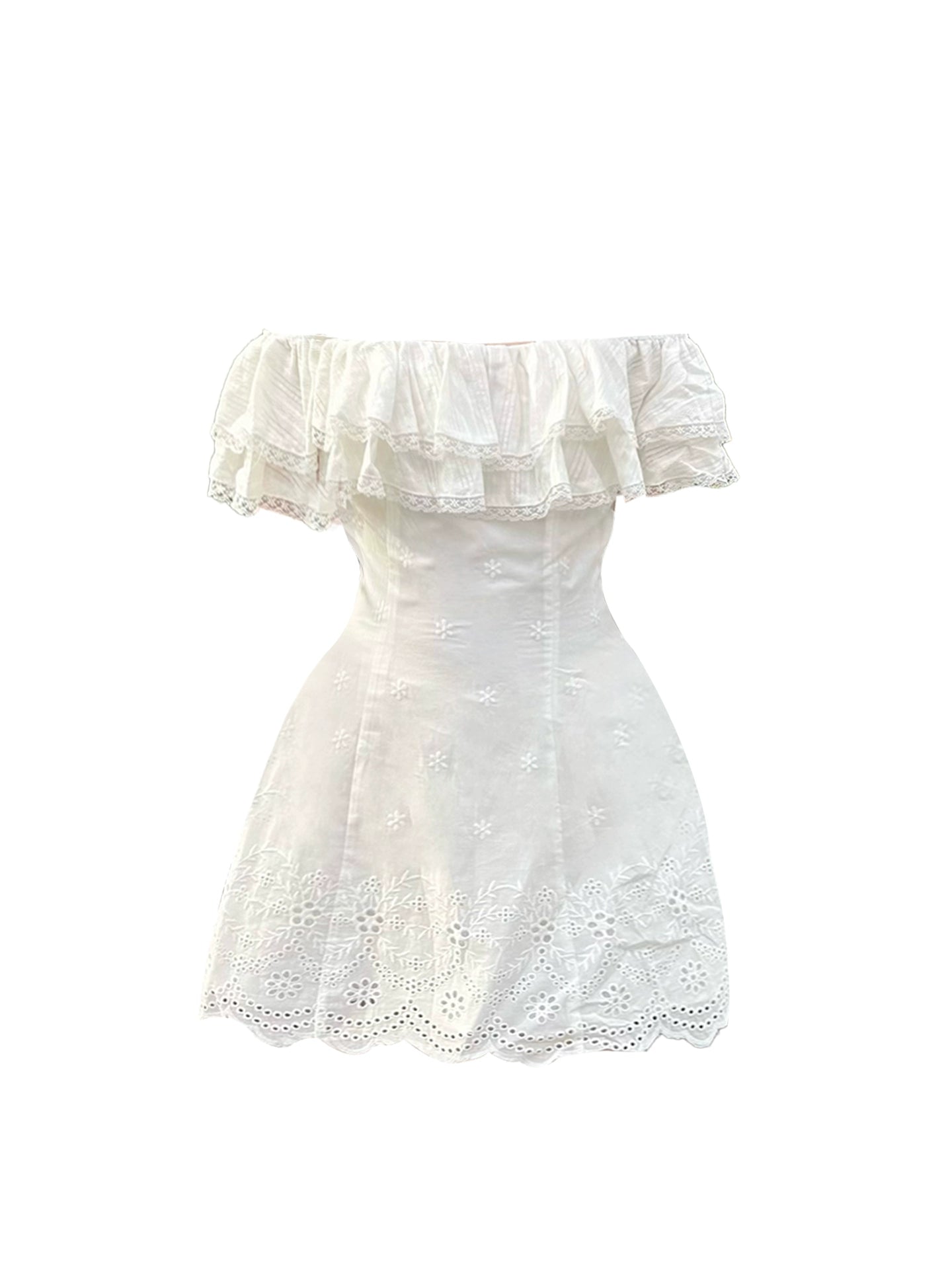 Fabulous A-Line Layered Ruffles Embroidery Mini Skirt Chic Off-the-Shoulder White Eyelet Trim Lightweight Fabric Short Dress AP4798
