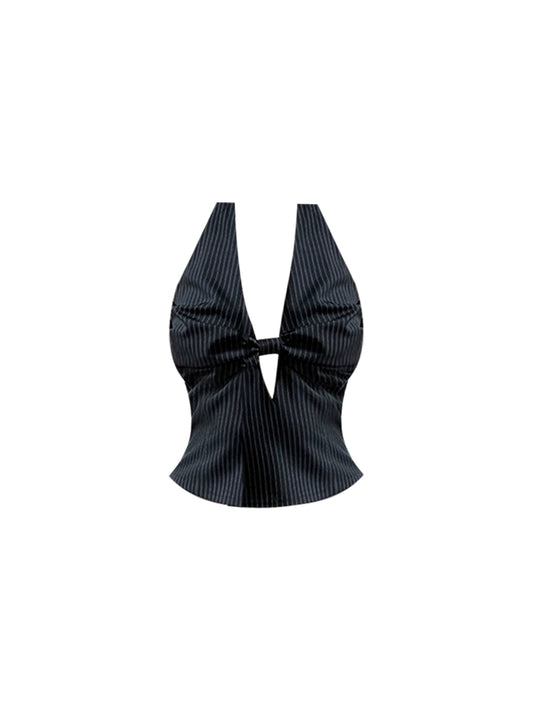 Graceful Cutout Halter Neck Black & White Striped Maxi Dress Trendy 2-Piece Set Knot Top Flowy A-Line Long Dress AP4802