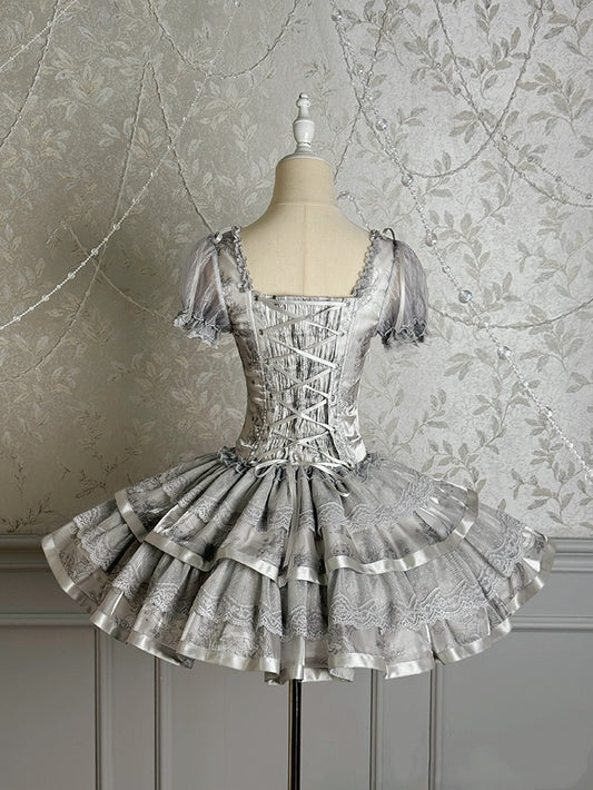 Dreamy A-Line Square Neck Lace Tiered Birthday Dress Jacquard Bow Short Sleeve Homecoming Dress AP4810